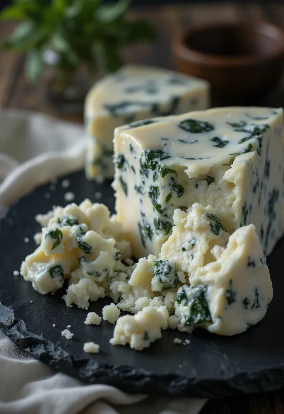 Punt Gorgonzola kaas met blauwe aders in een schaal