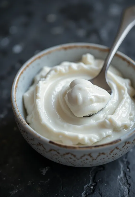 Schaaltje dikke Griekse yoghurt met een lepel