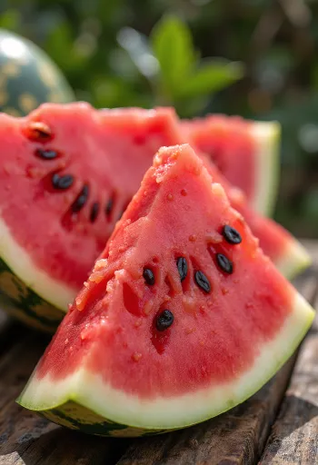 Verse, gesneden watermeloen met rood vruchtvlees en zwarte pitten op een houten tafel