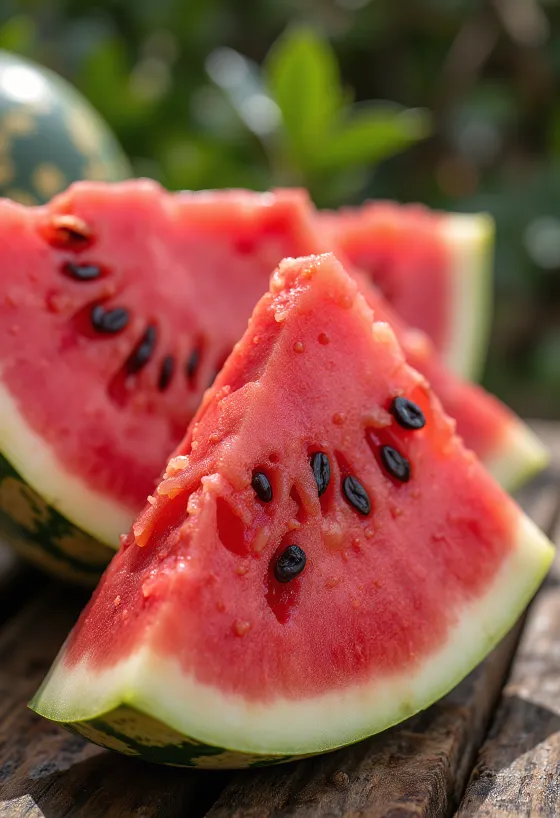 Verse, gesneden watermeloen met rood vruchtvlees en zwarte pitten op een houten tafel