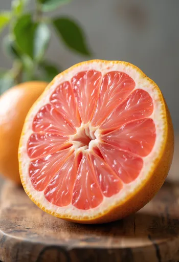 Verse, gehalveerde grapefruit op een houten oppervlak met groene bladeren