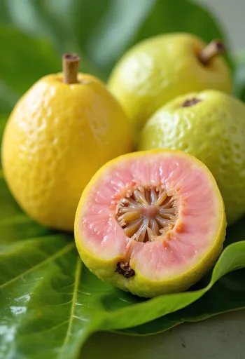 Verse guavevruchten opengesneden, met roze vruchtvlees en groene schil op een houten oppervlak