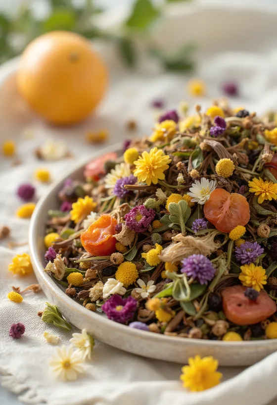 Losse kruidenthee mix in een kom met lepel