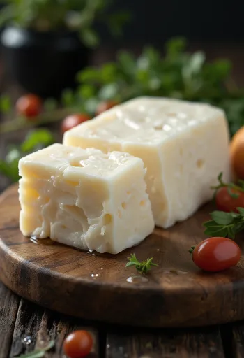 Verse halloumi kaas in een witte keramieken schaal op een houten tafel