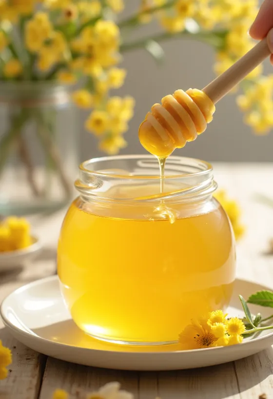 Lindehoning in pot, met honingdipper en lindebloesem