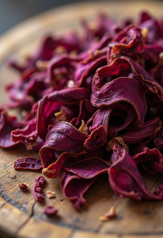 Gedroogde hibiscusbloemen in een kom, uitgestrooid op het aanrecht