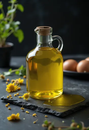 Koudgeperste koolzaadolie in een glazen kommetje met koolzaadjes en een bloem