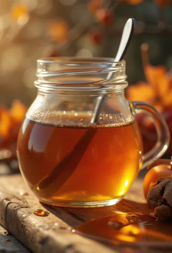 Amberkleurige ahornsiroop in een glazen potje, met druipende houten lepel