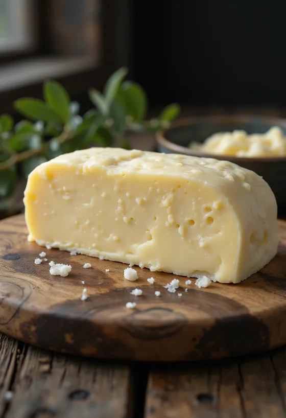 Schaaltje romige schapenboter op een rustieke houten ondergrond