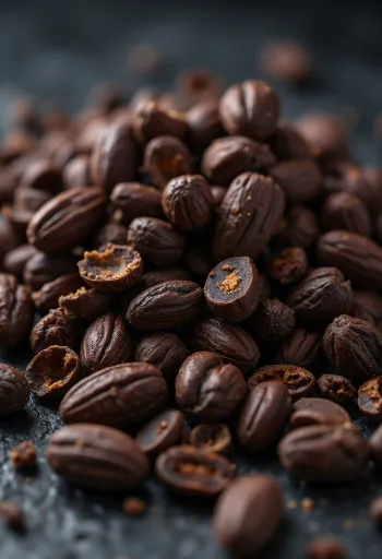 Cacaonibs in een schaaltje, met stukjes cacao ernaast op een rustieke houten achtergrond