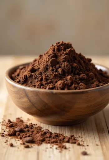 Cacaopoeder in een schaaltje en een houten lepel met gestrooid poeder op een lichte ondergrond