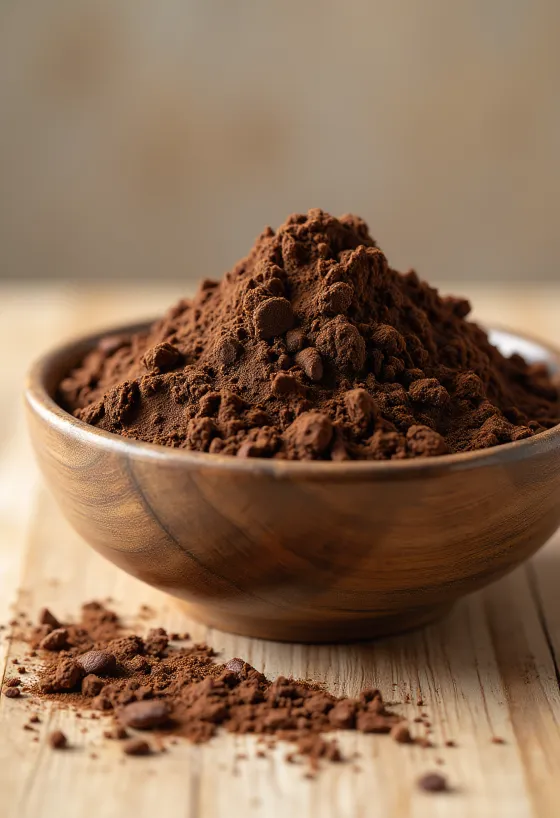 Cacaopoeder in een schaaltje en een houten lepel met gestrooid poeder op een lichte ondergrond