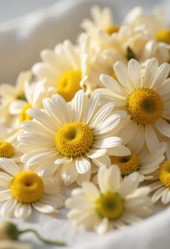 Gedroogde kamillebloemen in een schaal en gestrooid op een keukenblad, met houten lepel