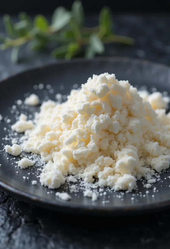 Carrageenpoeder in glas en op lepel op lichte ondergrond