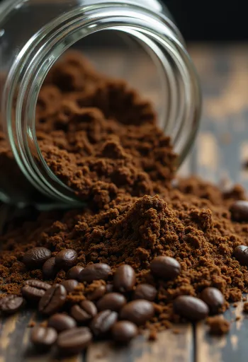 Gemalen koffie en gebrande koffiebonen met een houten lepel tegen een rustieke achtergrond
