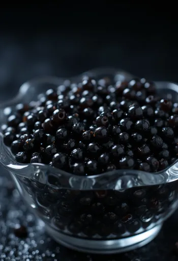 Zwarte kaviaar in een elegante kom of op een parelmoeren lepel als luxe ingrediënt