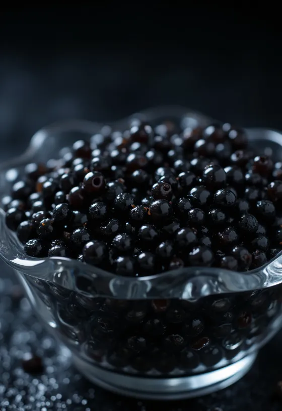 Zwarte kaviaar in een elegante kom of op een parelmoeren lepel als luxe ingrediënt