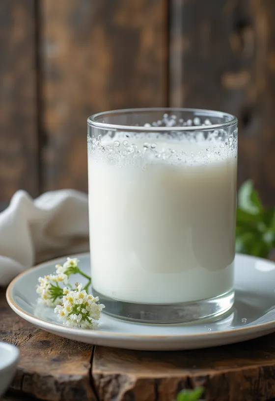 Witte, romige kefir in een kom op een houten tafel