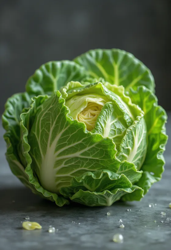 Verse groene kool met gebobbelde, groene bladeren op een houten tafel