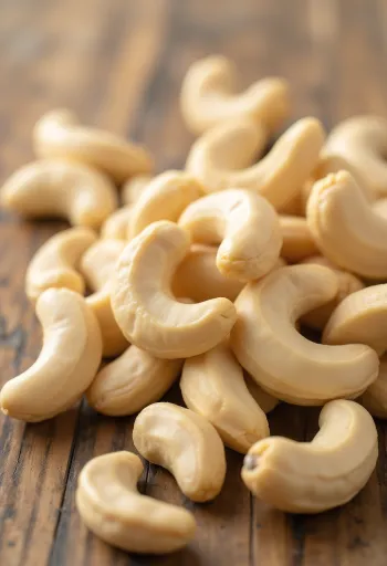 Cashewnoten in een houten kom en los op een lichte ondergrond