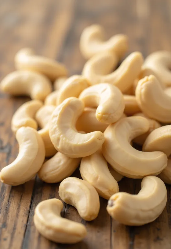 Cashewnoten in een houten kom en los op een lichte ondergrond
