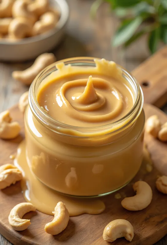Cashewpasta in een pot, met een lepel en hele cashewnoten op een houten oppervlak