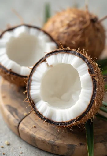 Hele en open gesneden kokosnoot met wit vruchtvlees, kokoswater en schaafsel op houten oppervlak