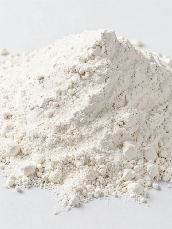 Kokosmeel in een keramische kom, lichtgekleurd poeder met fijne textuur op een houten oppervlak