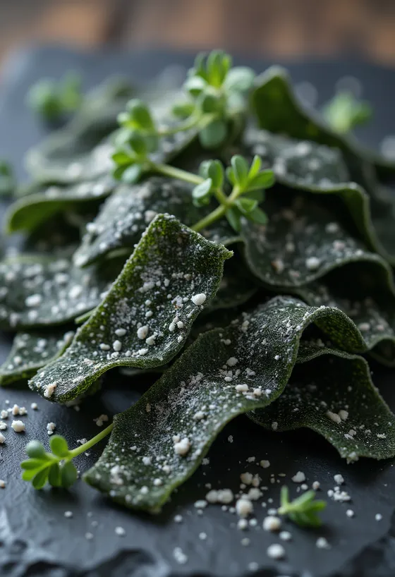 Gedroogde kombu-zeewiervellen op een houten oppervlak, met een beetje geweekte kombu in een kommetje