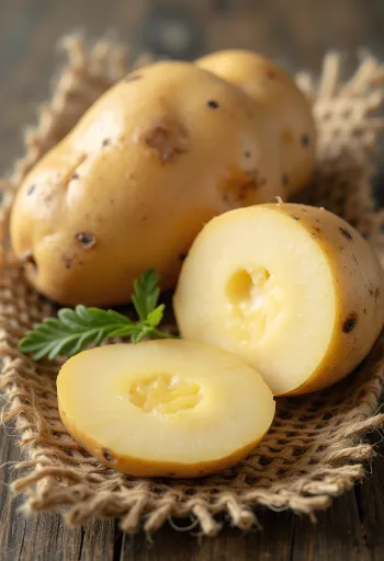Verse aardappelen op een houten tafel, ook gehalveerd