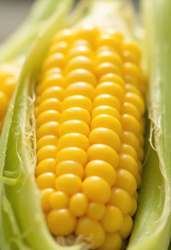 Geschoonde gedroogde maïskorrels in een zak en op een houten oppervlak