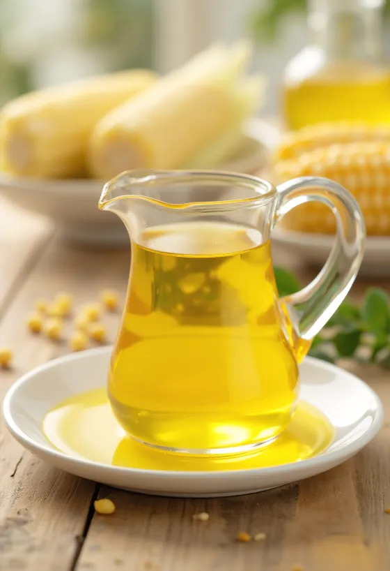 Maïsolie in glazen fles, met maïskorrels en maïsgries