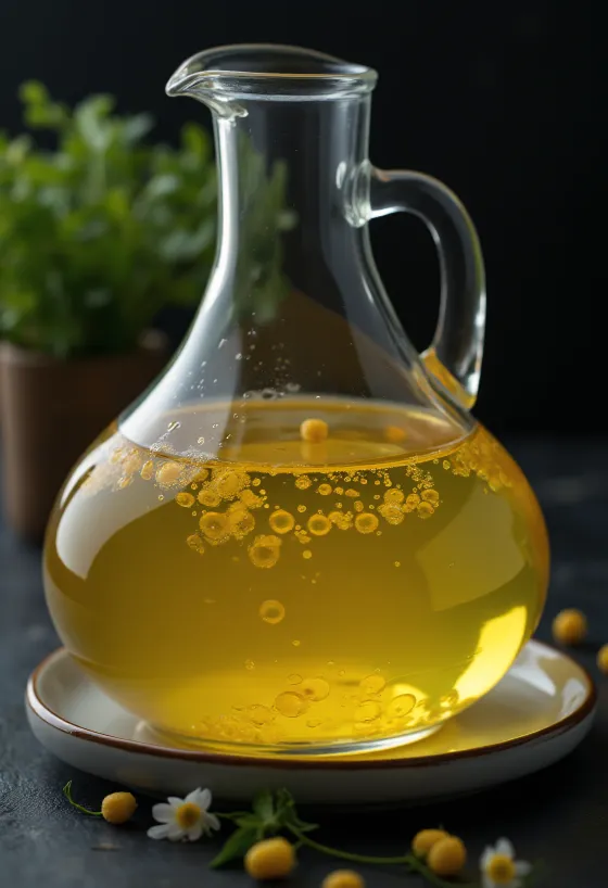 Maïsolie in een glazen kommetje met maïskorrels en maïskien