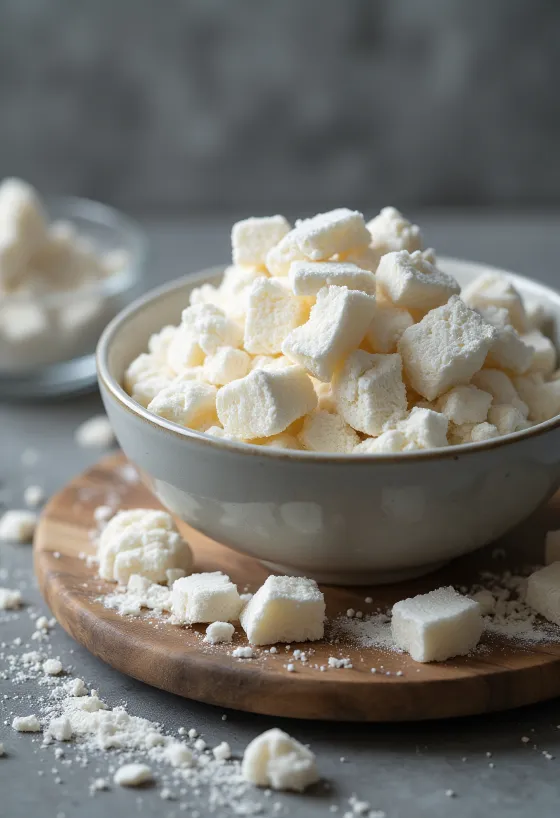 Kuzuzetmeelpoeder in keramieken kom en op houten lepel, met wortelschijfjes ernaast