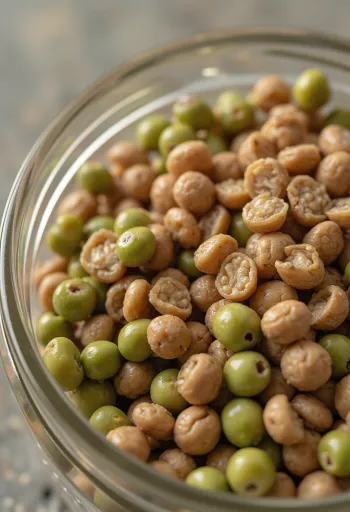 Verschillende kleuren linzen in keramische kommetjes op een houten tafel