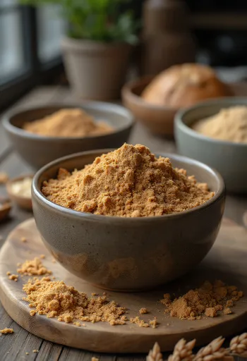 Lijnzaadmeel in een kom met een houten lepel