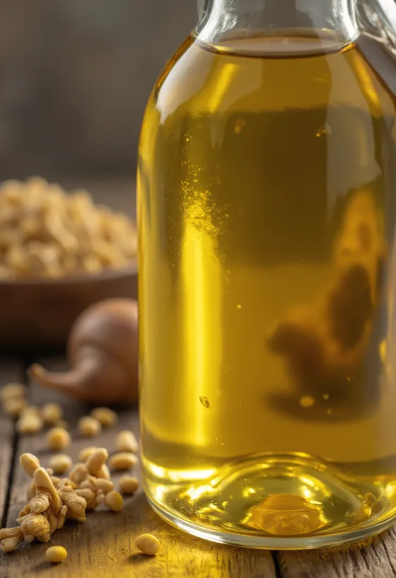 Lijnzaadolie in amberkleurige fles en kommetje op licht oppervlak
