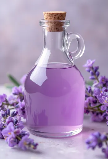 Huisgemaakte lavendelsiroop in een flesje met verse lavendel