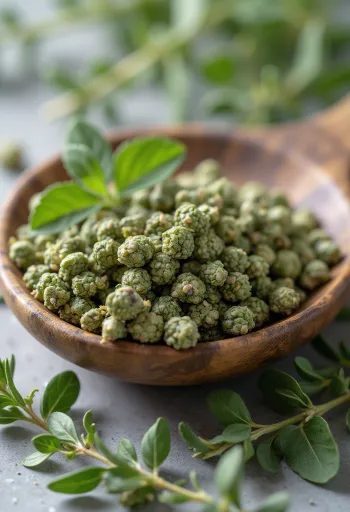 Gedroogde en gemalen marjolein in een schaaltje en los op tafel