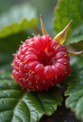 Verse frambozen in een kom en jam, met muntblaadjes op tafel