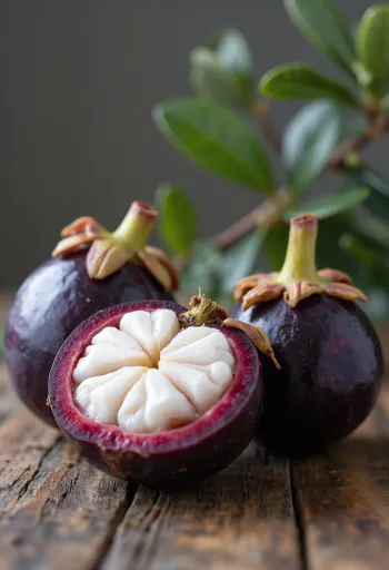Hele en opengesneden mangosteen vruchten met wit vruchtvlees op een houten plank