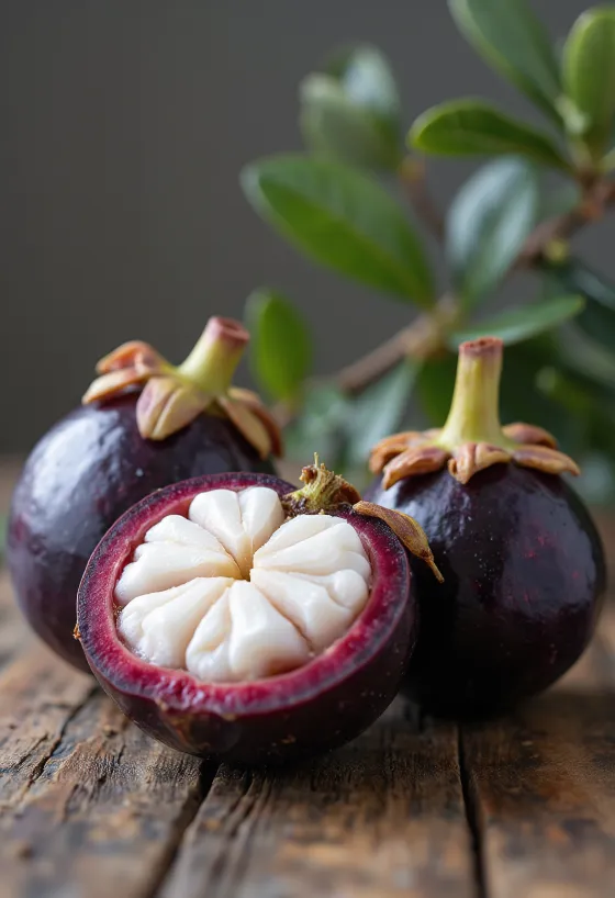 Hele en opengesneden mangosteen vruchten met wit vruchtvlees op een houten plank