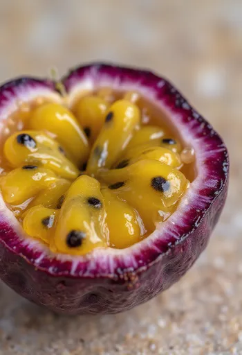 Opengesneden passievrucht met geel vruchtvlees en zwarte pitten op een houten ondergrond