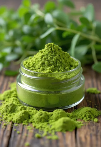 Tarwegraspoeder in een glazen potje, intens groen, met verse tarwegras sprieten