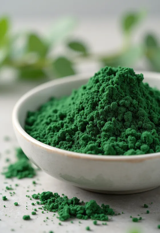 Chlorella-poeder in een glazen potje, diepgroen, met chlorella-tabletten