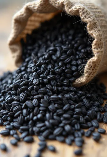 Zwarte rijst in een glazen potje, diep donker van kleur, omringd door rauwe rijstkorrels