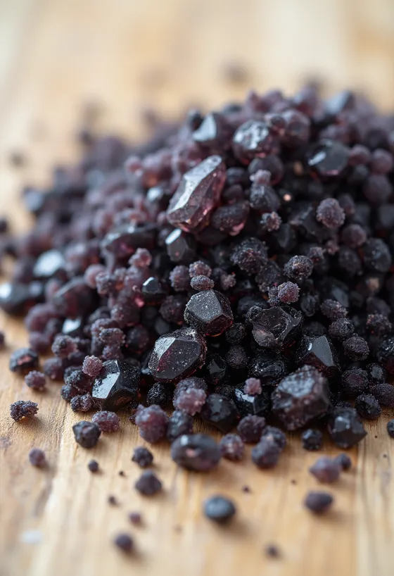 Zwart zout in een glazen potje, diepzwart van kleur, met zoutkristallen en een houten lepel