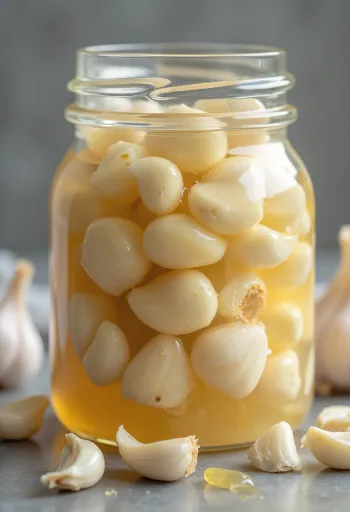 Gefermenteerde knoflook met een mooie goudbruine kleur in een klein kommetje