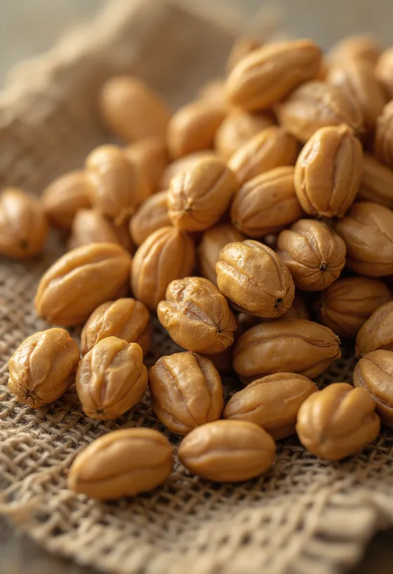 Aardamandel (chufa) knolletjes op een snijplank, omringd door verse groenten