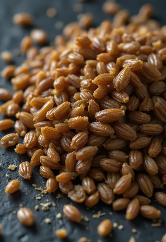 Geroosterde gerstkorrels op een snijplank, bij natuurlijk licht